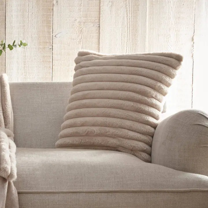 Luxurious Faux Fur Ribbed Cushion - Natural/Taupe