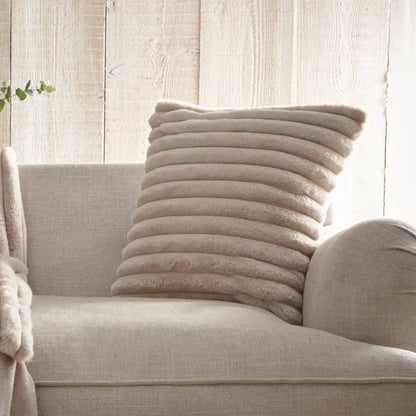 Luxurious Faux Fur Ribbed Cushion - Natural/Taupe
