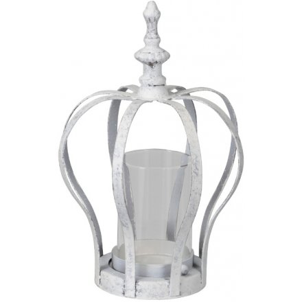 Distressed White Crown Candle Holder, 18.5cm