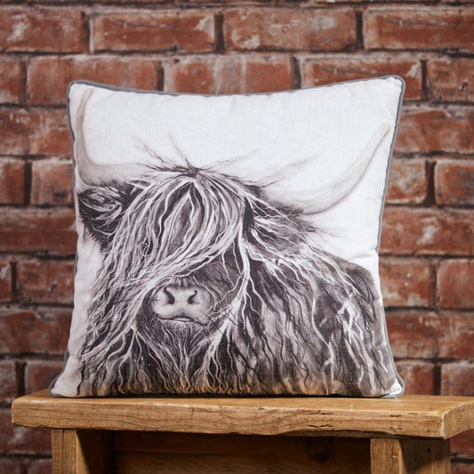 Highland Cow Cushion Greyscale Fabric with Grey Piping