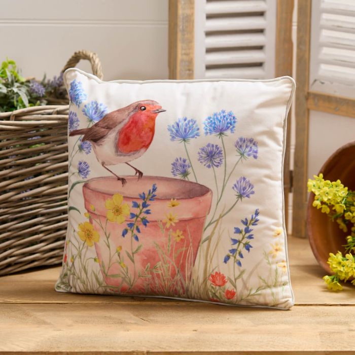 Robin Floral Plant Pot Printed Velour Cushion