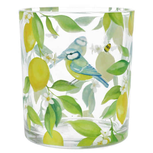 Gisela Graham Glass T-Lite Holder 10cm - Lemon & Blue Tit