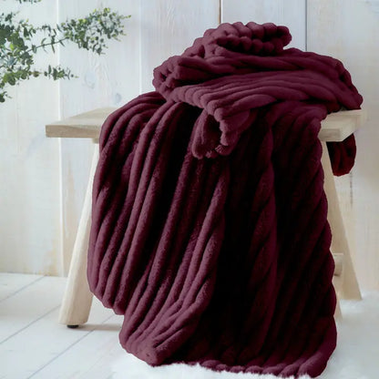 Luxurious Faux Fur Ribbed Throw - Burgundy