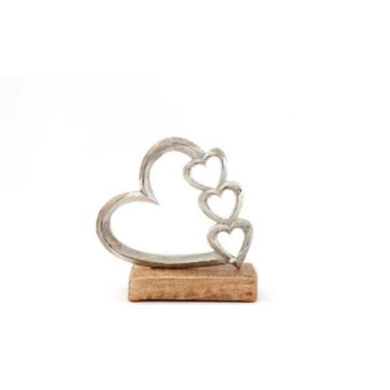 Silver Hearts On Wood Base 14cm