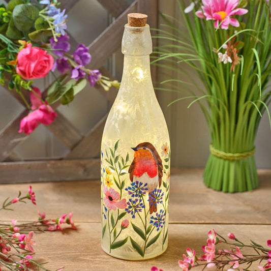 Garden Birds Hand Painted Robin and Flowers Frosted LED Glass Bottle
