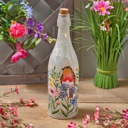 Garden Birds Hand Painted Robin and Flowers Frosted LED Glass Bottle