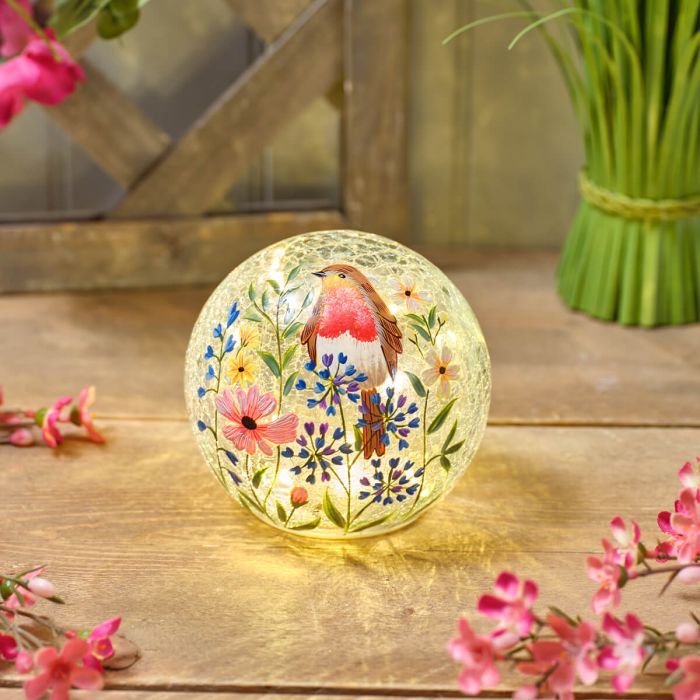 Garden Birds Hand Painted Robin and Flowers Crackle Glass Ball LED