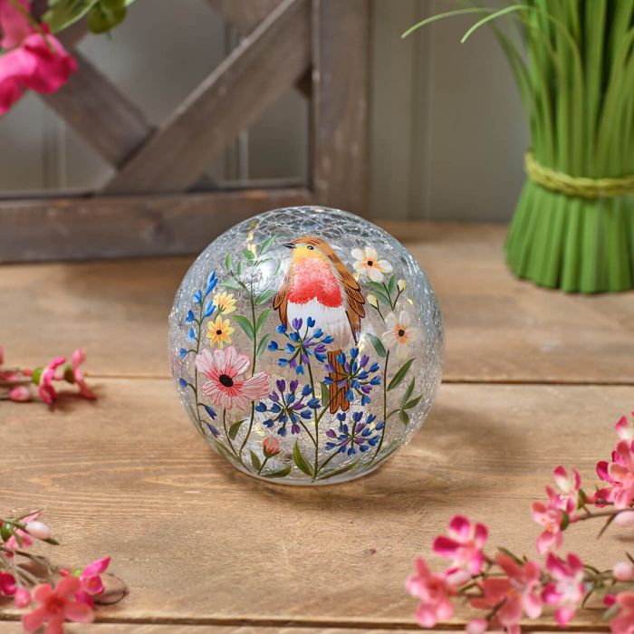 Garden Birds Hand Painted Robin and Flowers Crackle Glass Ball LED