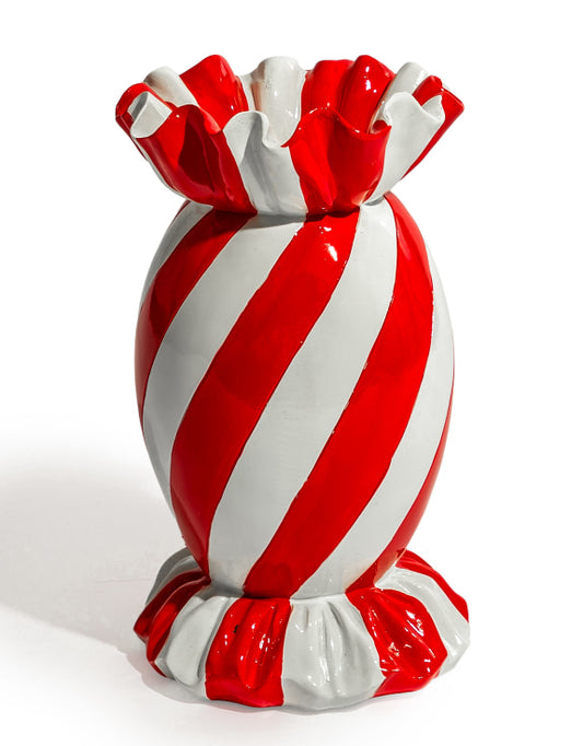 Large Red/White Striped Candy Ceramic Vase