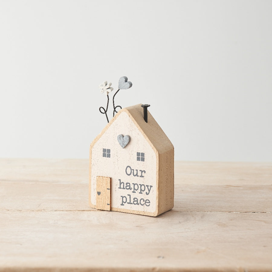 Wooden House Block 14cm Heart Happy