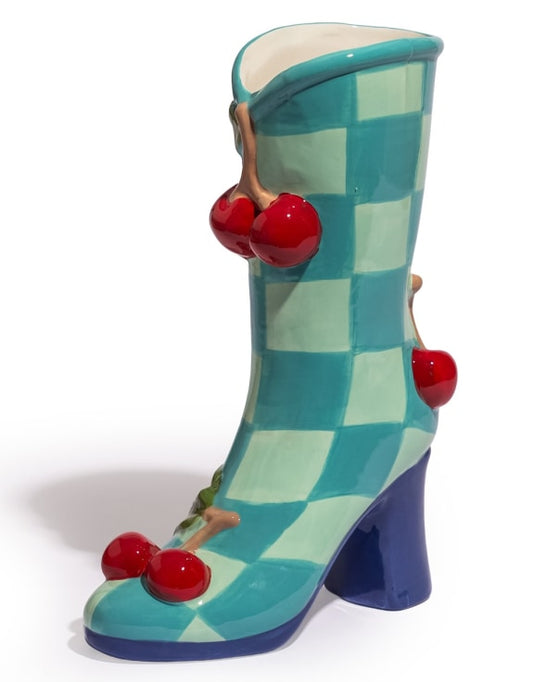 Large Blue Check w/ Cherries Ceramic Boot Vase