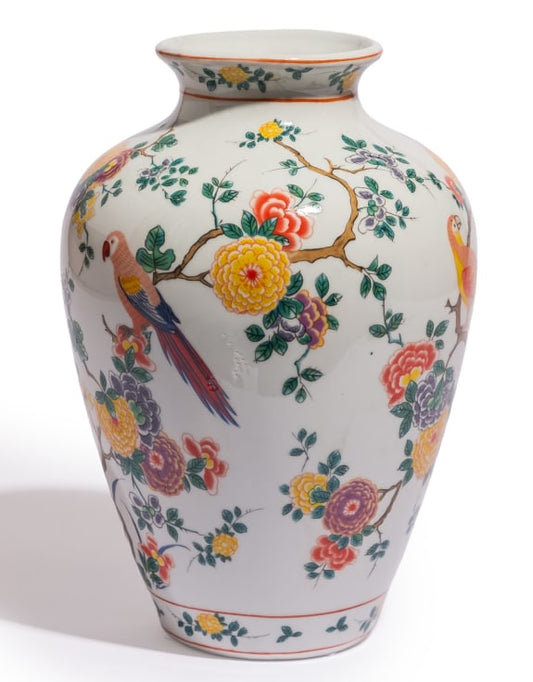 White Ceramic Floral & Tropical Bird Vase