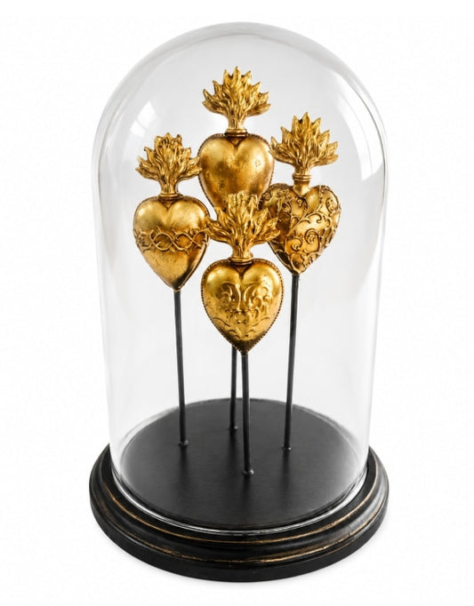 Glass Dome/Cloche w/ Multi Gold Hearts on Black Base