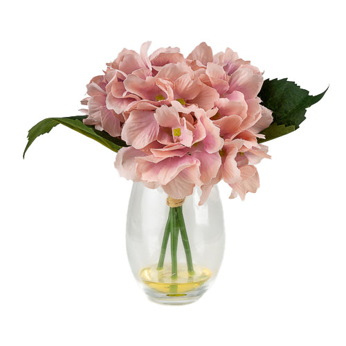 Pink Hydrangeas in Clear Glass Vase