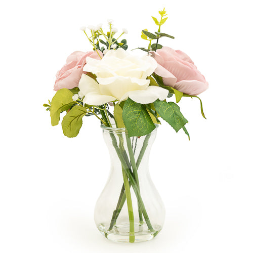 30cm Pink and White Flowers in Glass Vase