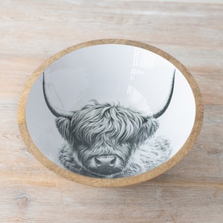 Wood Rim Highland Cow Enamel Bowl, 17cm