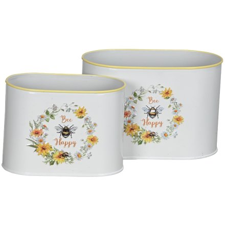 Set of 2 Oval Storage Canister Bee Design
