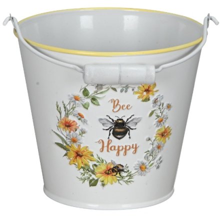 Metal Bucket Bee Happy Design, 14cm