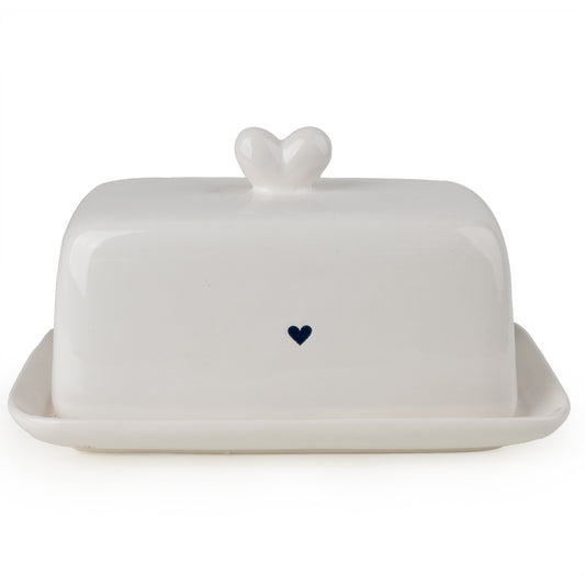 Blue & White Heart Ceramic Butter Dish