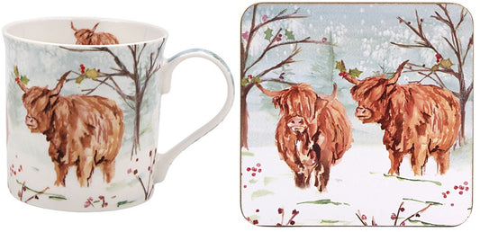 12cm Highland Cow Mug and Matching Coaster Set