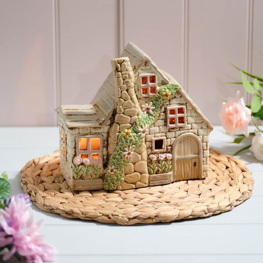 Double Stoneware Cottage with Chimney and Embossed Detail Tealight Holder