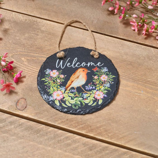 Garden Birds Round Slate Welcome Plaque with Robin