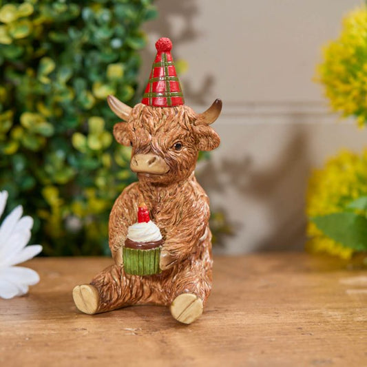 Highland Cow with Party Hat and Cupcake Resin Ornament