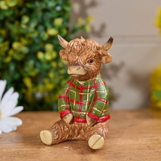 Highland Cow with Tartan Jumper Resin Ornament
