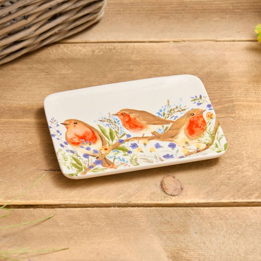 Robin Forget Me Not Trinket Dish White Ceramic