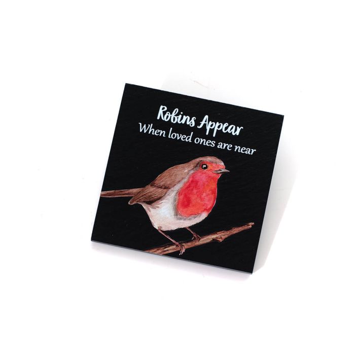 Robins Appear when loved ones are near slate coaster with gift box
