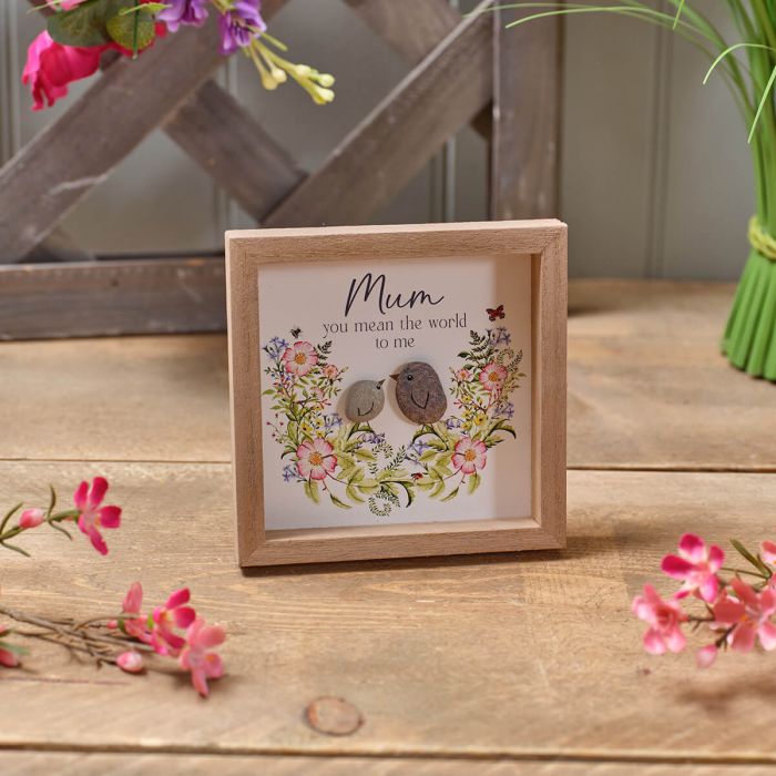 Garden Birds Floral Mum Framed Square Easel Plaque with Resin Pebble Birds
