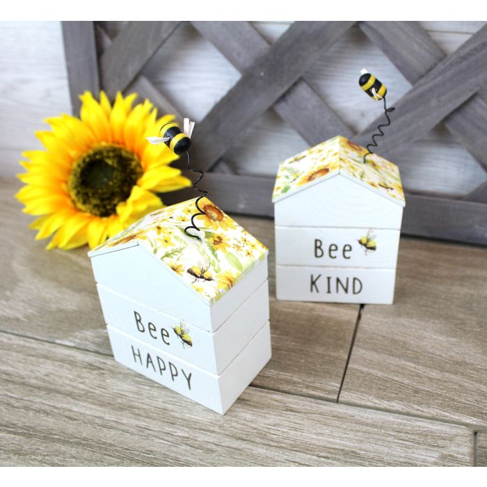 Sunflower Beehive Block White Wood with Bee on Spring