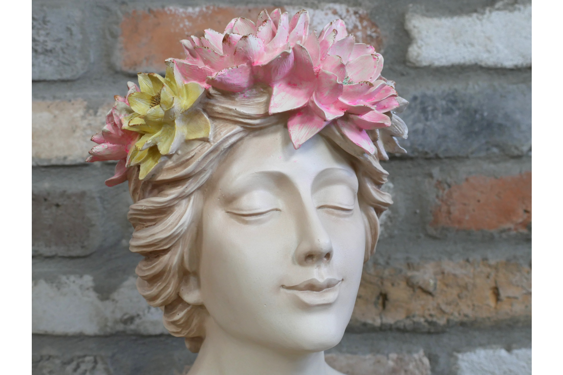 Floral Lady Head Planter with Green Dress and Flower Head Band