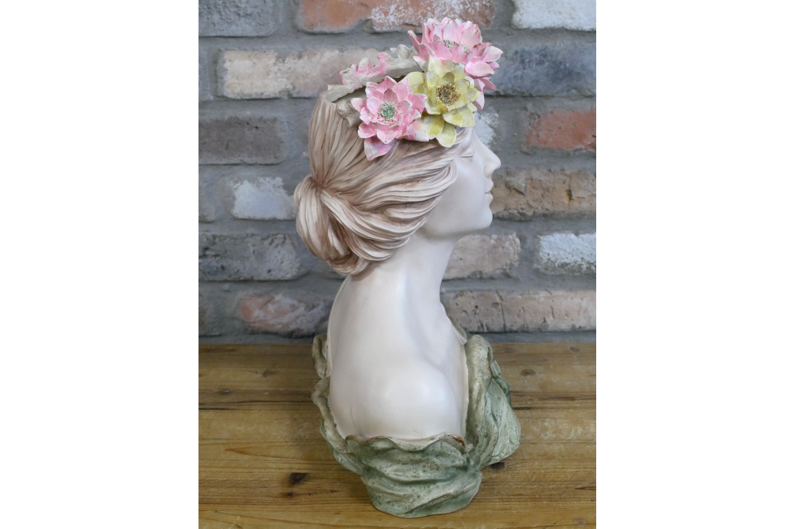 Floral Lady Head Planter with Green Dress and Flower Head Band
