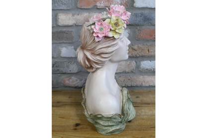 Floral Lady Head Planter with Green Dress and Flower Head Band