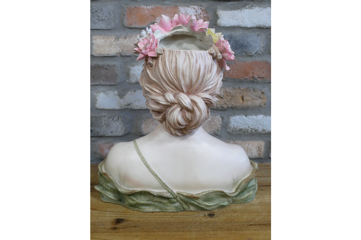 Floral Lady Head Planter with Green Dress and Flower Head Band