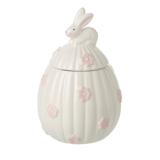 Egg Shaped Jar With Pink Flowers & Rabbit