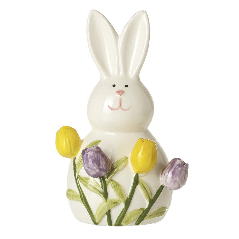 White Ceramic Rabbit With Tulips