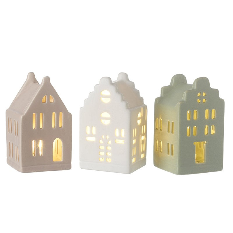 Set Of 3 Ceramic Light Up Houses Natural, White & Green