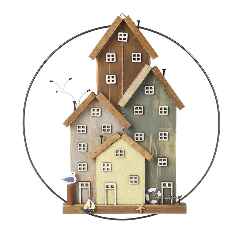 Metal & Wood Circular Houses Scene 38cm