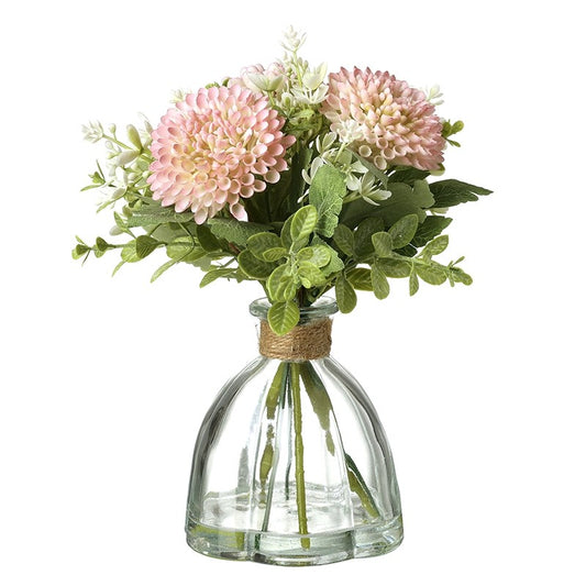 Pink And White Flower Bunch In Clear Ribbed Glass Vase