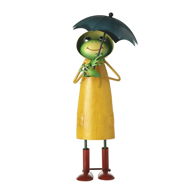 37.5cm Metal Frog in Yellow Coat with Blue Umbrella