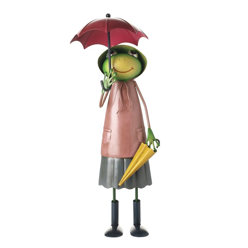 46cm Metal Frog in Pink Coat with Umbrella