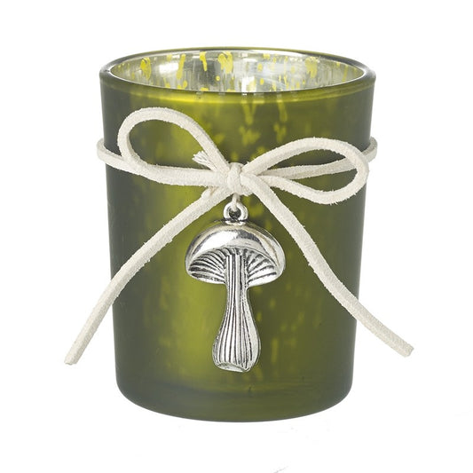 Frosted Green T Light Glass Holder with hanging toadstool