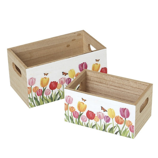 Tulip Print Wooden Crate Set of 2
