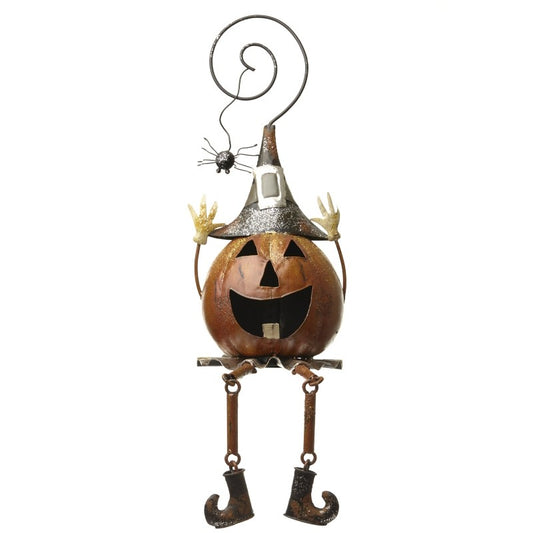 Sitting Happy Metal Pumpkin With Spider and Dangly Legs