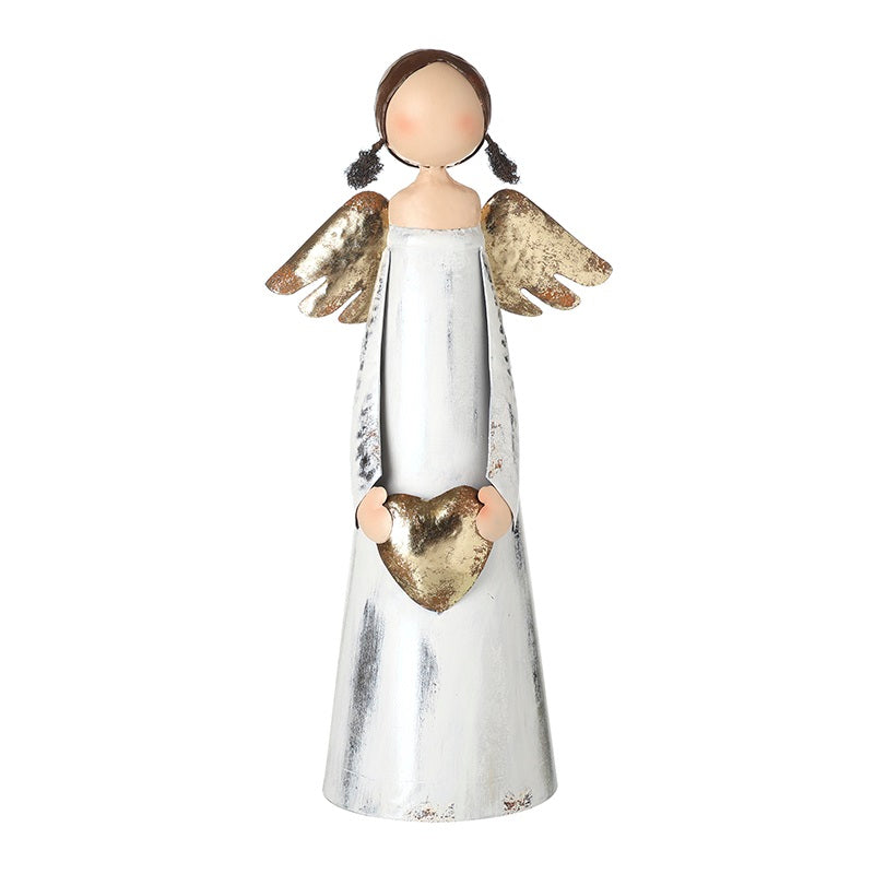 Tall White Metal Angel Holding Gold Heart