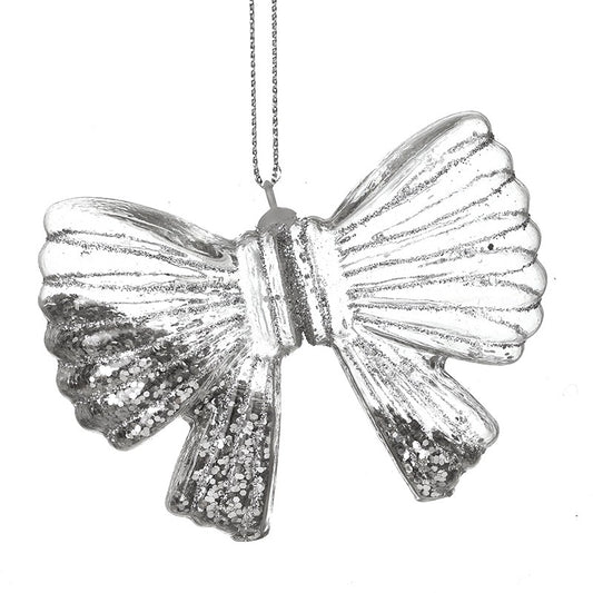 Glass Hanging Bow With Silver Glitter