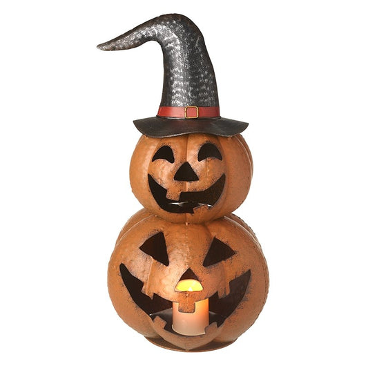 Metal Pumpkin Stack with Hat and LED Candle