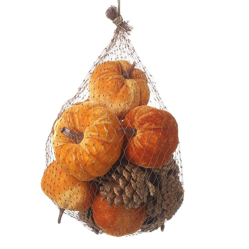 Velvet Pumpkins With Pine Cones Set of 16 pieces